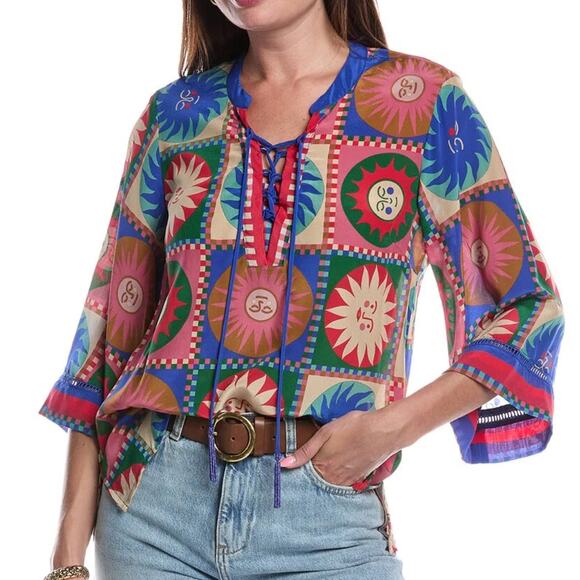 Johnny Was Tops - Johnny Was Workshop Front Tie Villa Silk Blouse Sun Print XL NWT Boho Gift